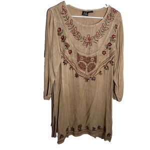 SR Fashion Dress Women's Free Size Rayon Brown Shift Cottage Embroidered